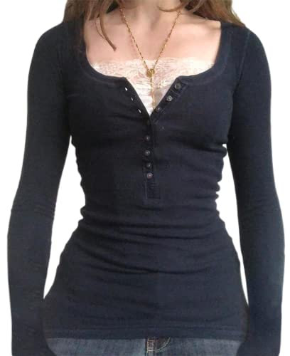 Womens Long Sleeve Henley Tops Casual Button Up Tunic Blouse Ribbed Slim Fit Shirts Y2K Lace Patchwork Pullover Shirt