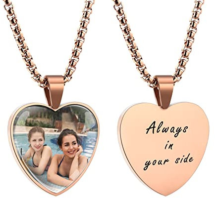 MeMeDIY Personalisierte Foto-Anhänger-Halskette Benutzerdefiniertes Bild-Text-Erinnerungs-Halskette Personalisiertes Geschenk für Frauen Männer (Roségold & Foto+Text)