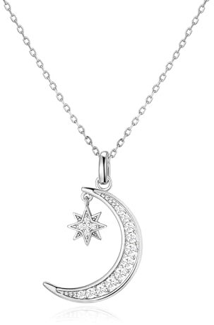 ASGEMSFJ überzogene Mond Halskette für Frauen, Mond und Stern Anhänger zierlich Trendy Gold Kette Halskette Schmuck Geschenk (Weißgold)