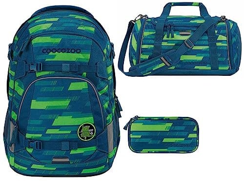 coocazoo MATE Schulrucksack-Set 3tlg inkl. Sporttasche und Schlamperbox (Lime Stripe)