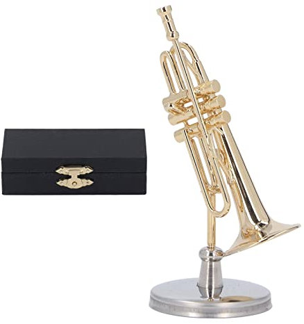 HERCHR Miniatur-Trompeten-Saxophon-Nachbildung, Messing Vergoldetes Trompetenmodell, Mini-Musikinstrumentenmodell Mit Koffer Und Ständer Für Die Tischdekoration(6.5cm)