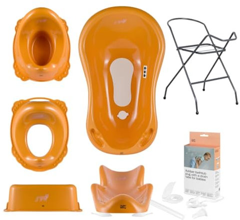 Hylat Baignoire Bebe Sur Pied et Égouttage avec Support Baignoire Bébé - Ensemble Tout-en-Un: Siege De Bain Pour Bebe, Pot Bebe Toilette, avec Reducteur Toilette Enfant et Marche Pied Enfant