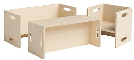 Bellabino Kindersitzgarnitur AKI Kindermöbel Set 3 TLG. Birke Natur, Montessori 2X Wendebank mit 1x Stuhl, multifunktionale Sitzgruppe aus Holz, Kindertisch Kinderstuhl 180 Grad drehbar