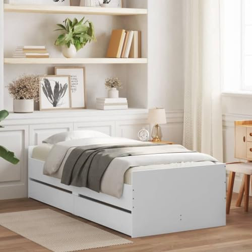 vidaXL - Modern Single Bed Frame with Storage Drawers in White, Engineered Wood, Suitable for 90x200 cm Mattress - Easy Assembly, Bedroom Furniture