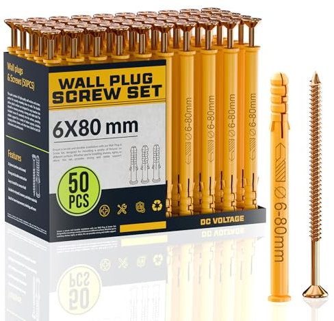 DC VOLTAGE Set di 50 tasselli da parete e viti da 6 x 80 mm, per muratura, mattoni, cemento, tasselli di fissaggio resistenti, set assortiti