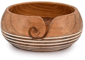 EDHAS Yarn Storage Acacia Wood Hand Made by Indian Artisans Yarn Bowl for Crocheting & Knitting (6 x 6 x 3'')