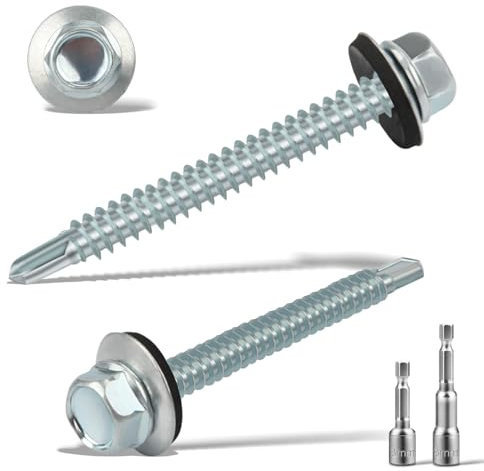 110 Pcs Vis Autoperforante 5.5x50MM Pour Metal Bac Acier Toiture - Auto-Taraudeuses Avec 2 Douilles Hexagonales - Tête Hexagonale Avec Rondelle D'étanchéIté - Galvanisées, Argenté