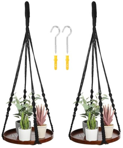 PATIKIL Macrame Plant Hangers Indoor, 2 Pack Hanging Plant Shelf with Sturdy Wood Base for Home Decor Hanging Wall Ceiling Window, Black