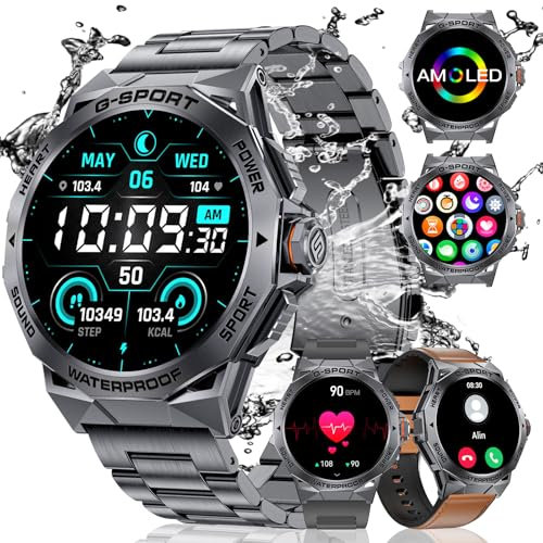 LIGE Military Smart Watch for Men(Answer/Make Calls),1.43AMOLED Screen Always on Display Smartwatch for Android iOS with 100+ Sports Modes Heart Rate Tracker Fitness Tracker Watch Space Grey 3 Straps