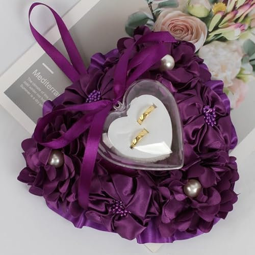 PTNKUIIY Ringkissen Hochzeit - romantische Rosen-Herzform Hochzeits-Ringkissen, Geschenk-Halter, Deko Ehering Kissen Hochzeit Ringbox für Hochzeits-Accessoires, Valentinstag, Hochzeit -Lila