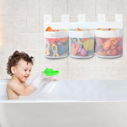 Leerweii Badewannenspielzeug Aufbewahrung, 60cm Badespielzeug Aufbewahrung Badewannenspielzeug hängeorganizer Tasche Badewannenspielzeug Mesh Tasche Mit Selbstklebend Haken