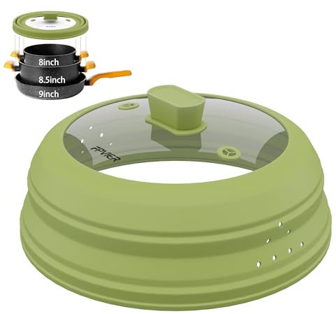 Microwave Splatter Cover, Vented Silicone and Glass Cover Splatter Guard Lid, Food Collapsible Plate Cover Lid with Easy Grip Handle. (Green, 9 inch)