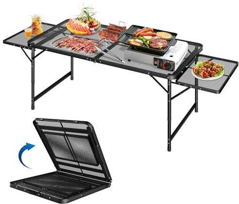 NAIZY Mesa de camping plegable, 120 x 60 x 55 cm, 3 niveles, altura regulable, mesa de empapelado extensible con patas antideslizantes, mesa plegable con asa, mesa de viaje