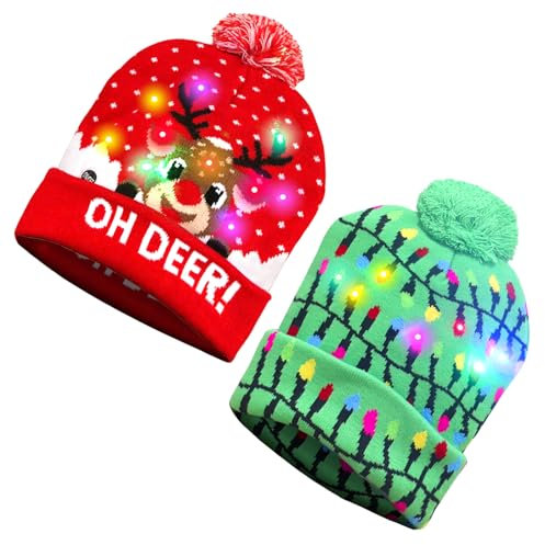 Leuchtende Weihnachtsmütze, 2 Pcs Led Weihnachtsmütze Strickmütze, Weihnachtsmütze Aus Plüsch, Weihnachtsmützen Plüsch, Weihnachtsmütze Für Kinder Erwachsene Weihnachten