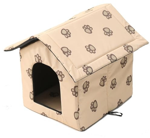 Katzenhaus Outdoor, Katzenhöhle für Draußen, Katzenhaus Für Draußen Winterfest Wasserdicht, Welpenhütte im Freien, Mit abnehmbarem Transparentem Vorhang (L, Beige)