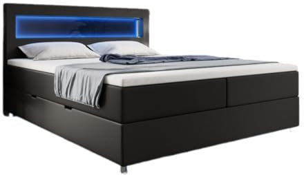 Boxspringbett Relax 160x200 mit LED, Stauraum und USB-C | Bezug: Kunstleder | Farbe: Schwarz | Härtegrad: H4 (100kg+)