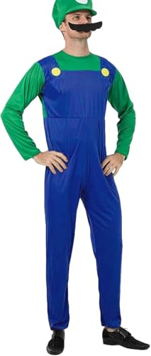 Pianocean Super Costume Brothers Cosplay Costume for Adults, Plumber Costume Set, Fancy Dress Costume Men with Bodysuit Hat Moustache, Carnival Costume Men Women, Adult Costume for Halloween