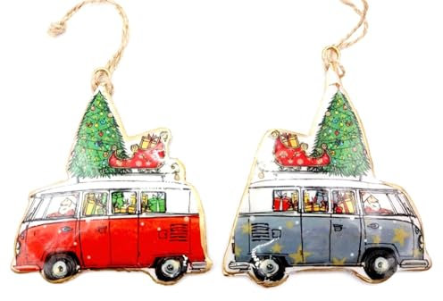 Christbaumschmuck Metall Anhänger Auto, Bulli, Bus, Camper mit Tannenbaum 2er Set