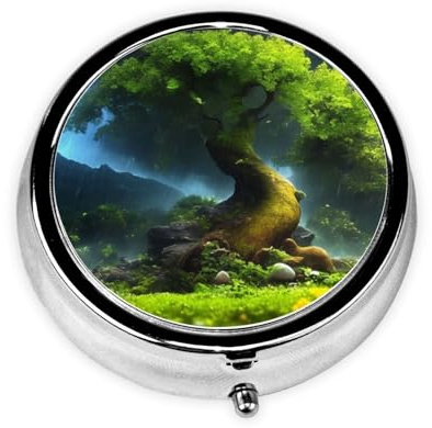 HMBGFW Mountain Forest in the Rain Pill Storage Box - Compact 3-space - portable circular metal pill box - perfect for travel、wallet or pocket use