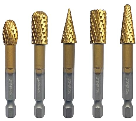 5PCS Rotary Burr Rasp Files Set with 1/4 Hex Shank for Metal/Wood/Plastic