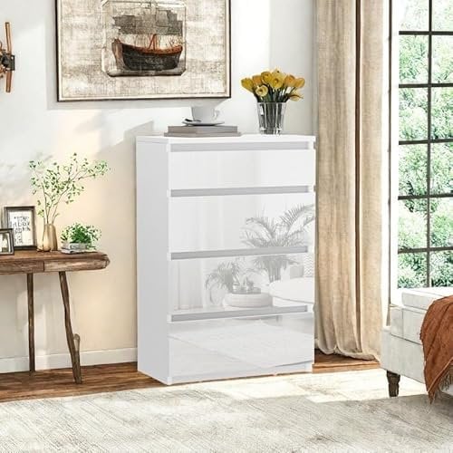 YITAHOME Commode à 4 tiroirs, Meuble de Rangement Contemporain Brillant pour Chambre à Coucher, 92 x 33 x 60 cm, tiroirs coulissants, Construction en Bois, Blanc