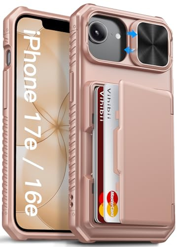Vihibii für iPhone 16e/17e Hülle mit Kartenhalter (4 Karten) [RFID Blocker] & Kameraschutz Schieber, Militärschutz Stoßfeste Kratzfest Robuste Schutzhülle für iPhone 16e 6.1 2025, Rosé Gold