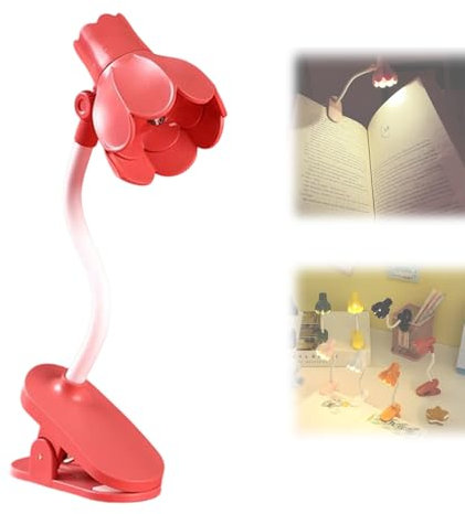 Lampe de lecture mignonne en forme de fleur pastel, mini lampe de lecture en forme de fleur pour lire au lit, lampes à pince rotatives à 360 °, veilleuse pour le soin des yeux avec 10 piles (rouge)