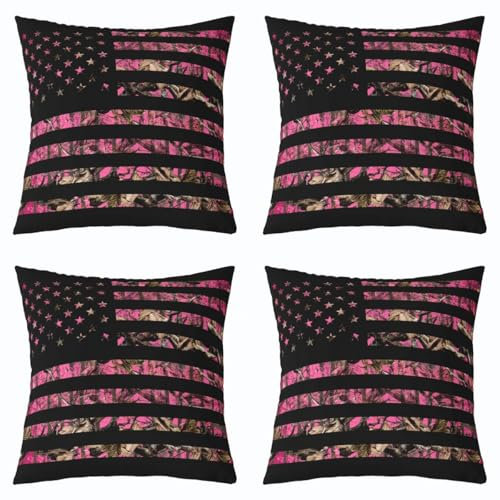 Loussiesd Juego de 4 fundas de almohada reversibles con diseño de bandera de 50 x 50 cm, diseño de camuflaje rosa intenso, decoración del hogar para niños, adolescentes, caza, ramas, caza, juego de 4