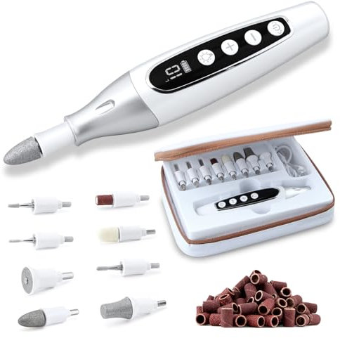 Maniküre Pediküre set, AOMEES Elektrische Nagelfeileset mit Akku, 8 Hochwertigen Aufsätzen zur Nagelpflege für schöne Hände und Füße, mit 10 Geschwindigkeitsstufen, LED Licht (Silberweiß)