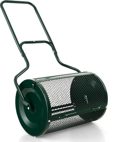 Épandeur de compost pour pelouse de 24 pouces, rouleau à gazon léger en maille métallique avec loquets double face pour le terreautage et les semis, rouleau épandeur d'engrais, de terre végétale et