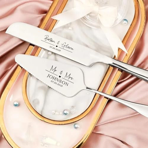 Custom Engraved Stainless Steel Cake Knife Set Gift Box, Suitable for Weddings, Birthdays, All Kinds of Parties (Silver)