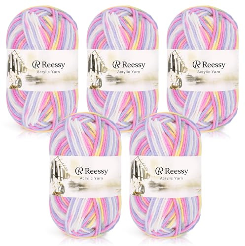 Reessy 225g Knitting Wool Acrylic Yarn Crochet Yarn Set, Super Soft 5 Ply Wool for Crochet Knitting and Crafts, 5 x 45g Crochet Yarn for Amigurumi Projects Handcrafts-Pale Purple