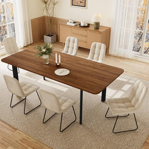 Essgruppe Tisch Ausziehbar MDF-Platten 160-200cm Walnuss + 6 beige Stühle-B | Modern, Stilvolles Design, Für Wohnzimmer, 6-8 Stühlen
