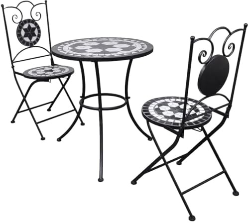 Tonture 3-TLG. Bistro-Set Keramik Schwarz und Weiß, Ø 60 cm Gartentisch mit 2 Stühlen, Mosaik Outdoor Möbel Set für Balkon, Terrasse, Garten, pflegeleicht