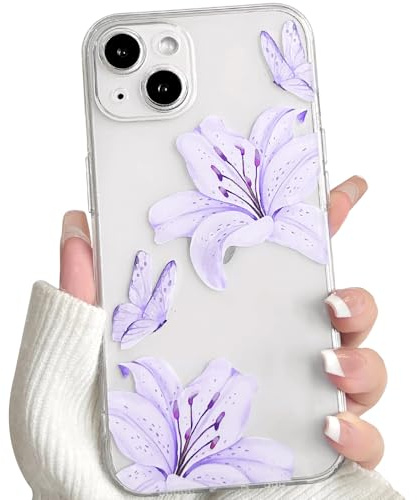 NITITOP Cover per iPhone 14 Plus Carino Fiore di Giglio, Lilla | Trasparente Farfalla Motivo, per Donne Ragazze, TPU Morbido, Anti Ingiallimento Anti-Graffio, Protezione Antiurto Custodia