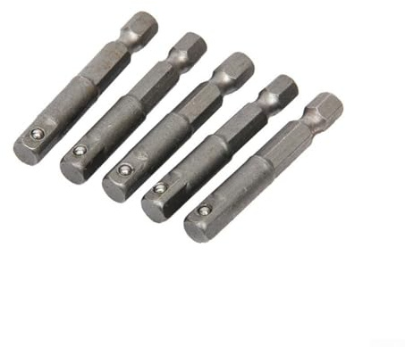 Stecknuss-Adapter, 5 Stück, 1/4-Zoll-Sechskantschaft auf 1/4-Zoll-Vierkantantrieb, 50 mm lang, Chrom-Vanadium-Stahl für Bohr- und Schraubendreherwerkzeuge, Silber