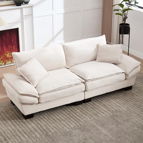 Yihomfy Sofa 3-Sitzer-Sofa, Couch Mit Armlehnen, Zierkissen, Polstersofa Mit Cordbezug, Dick Gepolstert, Loungesofa, Bis 450 Kg Belastbar, FüR Wohnzimmer, Schlafzimmer, 224x81x81cm (Beige)