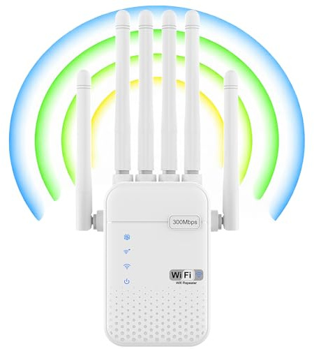 WiFi Extender Booster, Internet Booster, Covers Up to 9800 Sq.ft | WiFi Booster with 6 Antennas, 2 Ethernet Ports, Compatible with all Routers, Plug and Play, Suitable for offices and homes