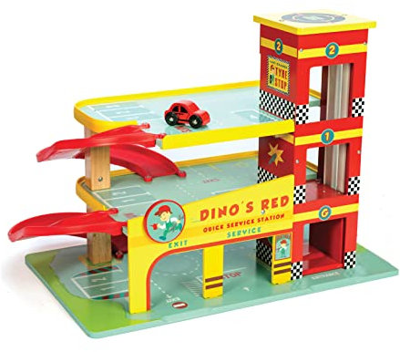 Le Toy Van - Iconic Wooden 3 Storey Dino's Toy Garage Toy Car Play Set - Set 7 Pieces, Play Vehicle Role Play Toys - Suitable for 3 Year Old