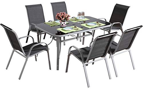 Conjunto De Jardín Mesa + 6 sillas de Textileno Córdoba - Gris Oscuro