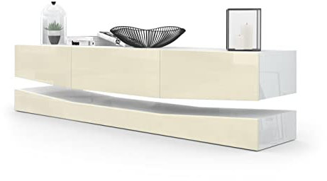 Vladon Lowboard City, Made in Germany, TV-Kommode mit Sockelelement, 1 offenem Fach und 3 Schubkästen, Weiß Hochglanz/Creme Hochglanz (178 x variabel x 39 cm)
