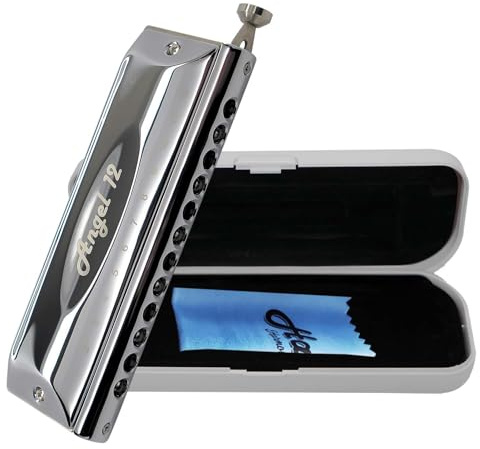 Harmo Angel 12 Chromatic Harmonica Key of low C (C tenor) - 12 Hole Mouth Organ with Precision Slider, Phosphore Bronze Reeds, Suitable for All Genres - Harmonicas for Professionals, Designed in USA