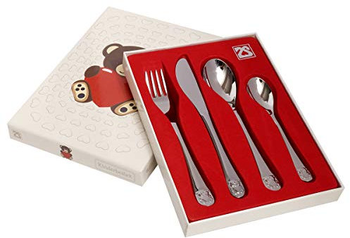Brillibrum Design Kinderbesteck 4er Set aus Edelstahl Spühlmaschinenfest mit Namen Besteck mit Motiven Kinder Besteck Set (Gravur bis 10 Zeichen, Bärchen)