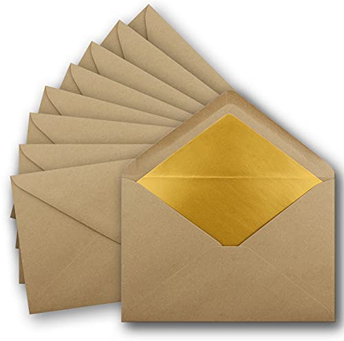 10x DIN C5 Kuverts 15,7 x 22,5 cm aus Kraft-Papier in sandbraun mit goldenem Seidenfutter - Nassklebung - Blanko Brief-Umschläge aus Recycling-Papier - Serie UmWelt