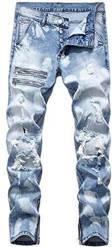 HENGAO Mens Ripped Jeans Stretch Skinny Jeans with Zipper, Light Blue, 44