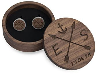 STREIFHOLZ Personalisierte runde Manschettenknöpfe aus Vollholz – individuelles & hochwertiges Geschenk für Hochzeiten und besondere Anlässe mit Gravur aus Holz, mit Initialen und Datum, für Bräutigam