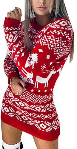 Loalirando Damen Strickkleid, Langarm, Rundhalsausschnitt, Langarm, bedruckt, Hirsch und Schneeflocken Gr. Medium, rot