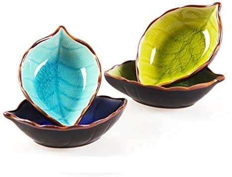 MonLiya 4 Pcs Sauce Dishes, Leaves-Shape Dishes Plates Ceramics Mini Side Seasoning Dish Condiment Dishes
