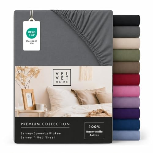VelvetHome Spannbettlaken 140x200cm Jersey 100% Baumwolle, Dunkelgrau | Spannbetttuch 140x200 für Matratzen & Topper bis 25 cm, gekämmte Baumwolle, OEKO-TEX, weich atmungsaktiv bügelfrei elastisch