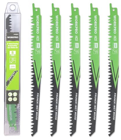 WORKPRO 5-Piece Reciprocating Saw Blades Set | Sabre Saw Blades for Cutting Branches,Wet Wood | 230mm 5TPI Saw Blades Set with Plastic Storage Box | Compatible with Most Reciprocating Saw